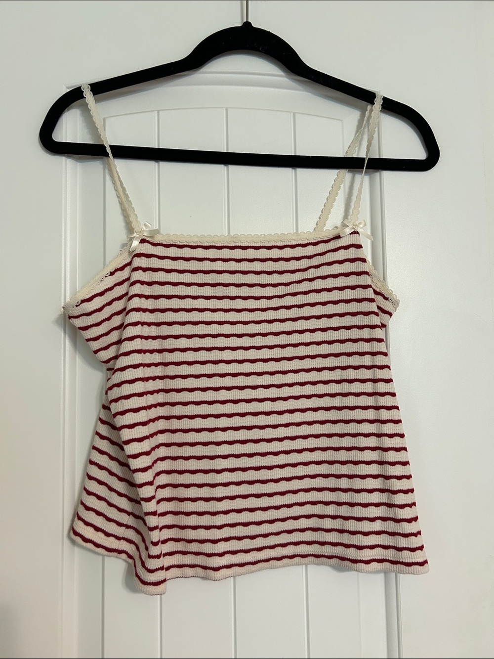 American Eagle Outfitters Cream and Red Striped Lace-Trim Cami